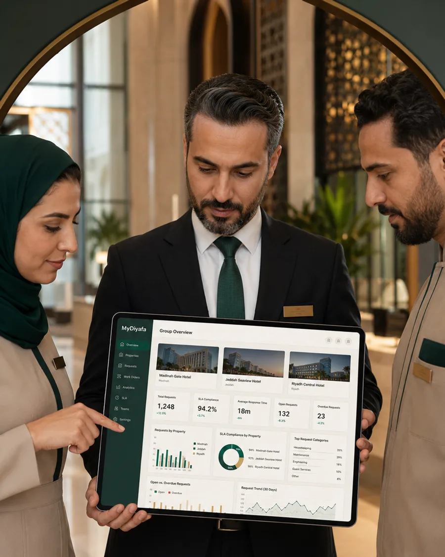 Hotel staff reviewing requests across their properties on a tablet