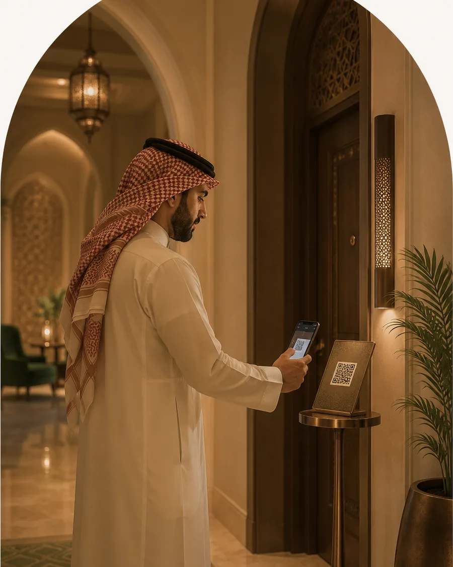 A guest scanning the QR card at their room door to request service