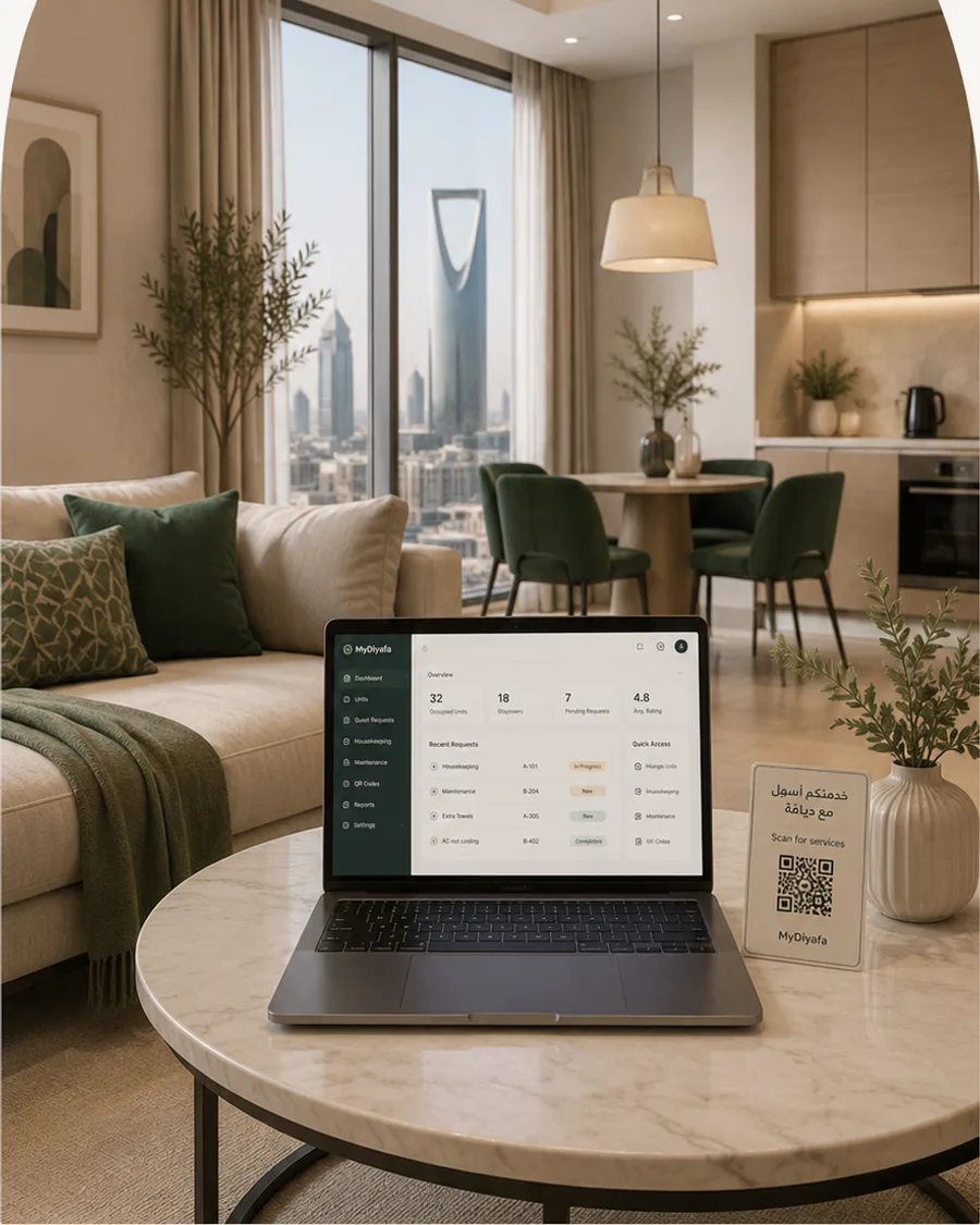 A modern serviced apartment overlooking Riyadh, with the MyDiyafa dashboard open on a laptop